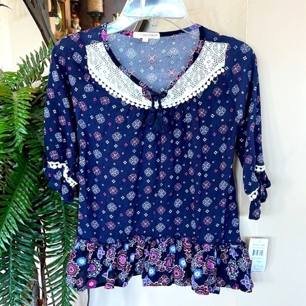 Brand New Self Esteem Blue Peasant Top w/ Lace Accent Ruffle Boho Blouse